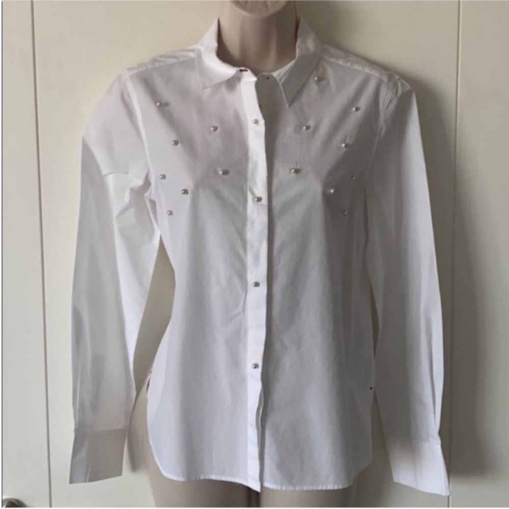 Zara Basic White Cotton Poplin Pearl Embellished Button
Up Long Sleeve Shirt M